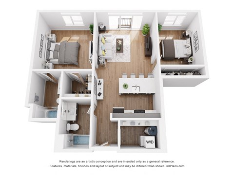 Floor plan for 2 beds, 2 baths, 999 sqft